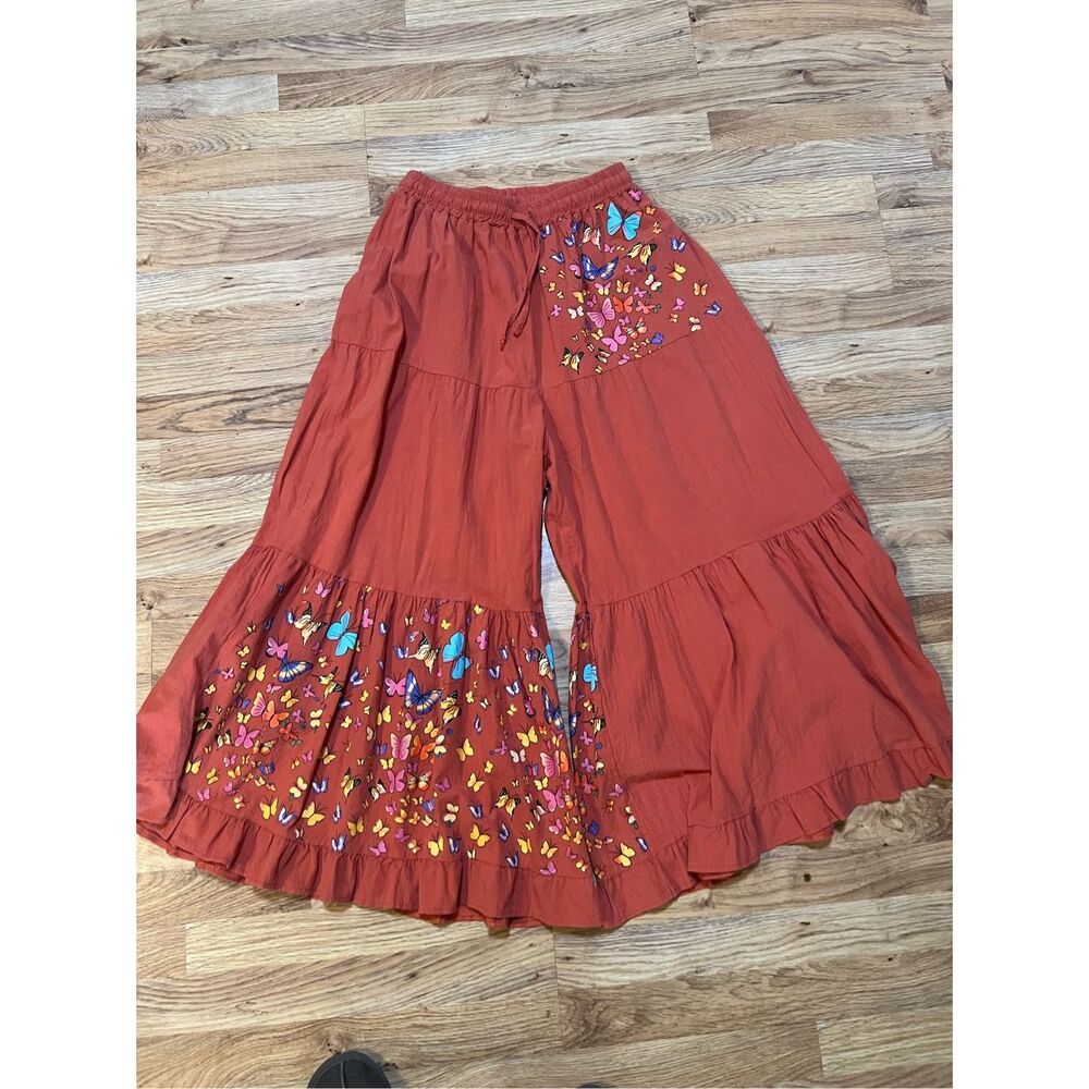 Butterfly Painted Art to Wear Tiered Gaucho Elastic Waist Orange Boho Hippie Pan